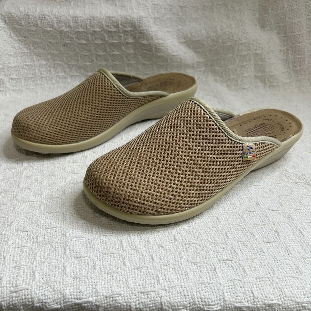 Fly Flot Mule Clogs Beige Mesh Anti Shock Italy Anatomic Women’s Size EU 39 US 8